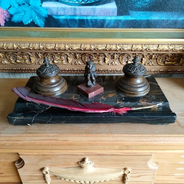 Antique French Empire Marble Inkwell Set with Bronze Mounts and Decorative Figure