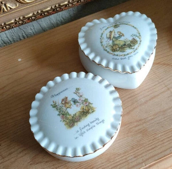 Vintage Anneliese Porcelain Trinket Boxes Set of 2 - Japan Made Heart Shaped Keepsake Boxes
