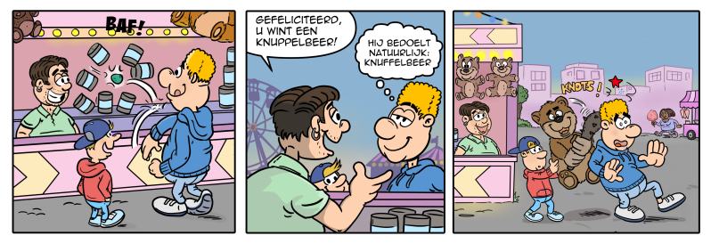 Bertus cartoon over een knuppelende knuffelbeer op de kermis