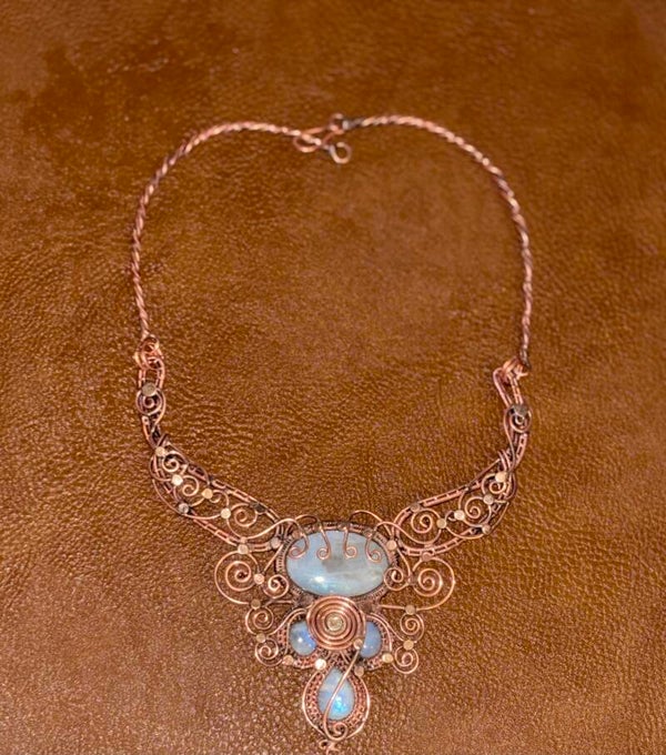 Handmade Copper Wire Necklace With Moonstone Accents