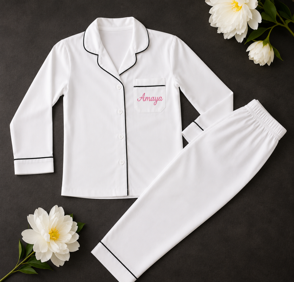 White Cotton Collar Pyjamas -LONG