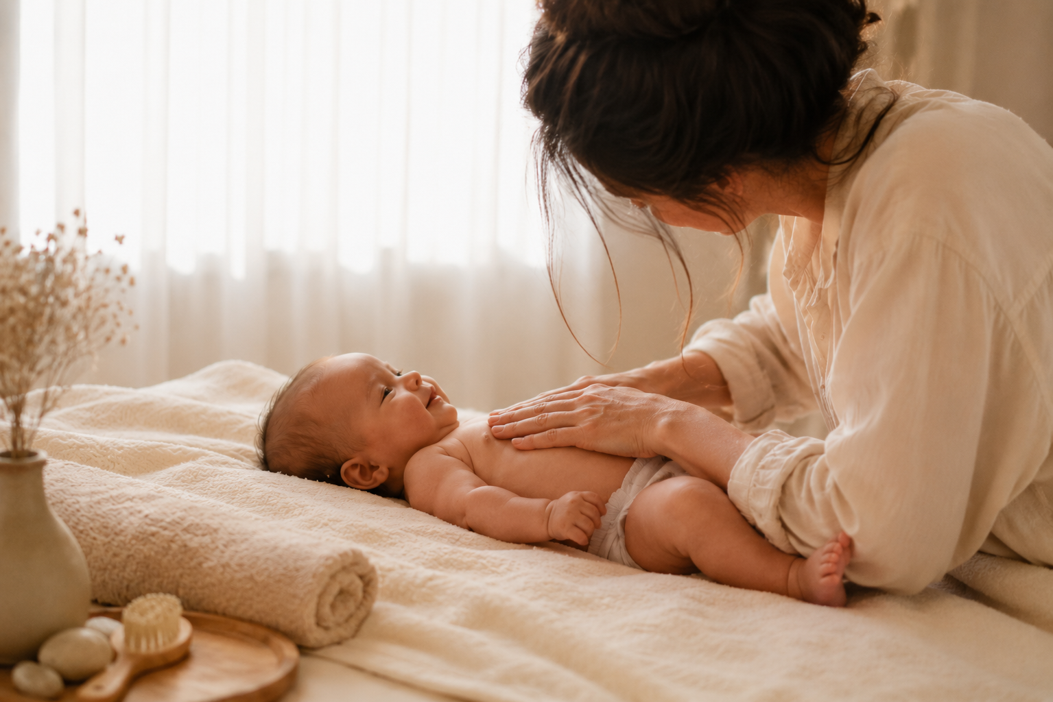 Ouder begeleidt een zachte oefening met de benen van haar baby tijdens baby yoga