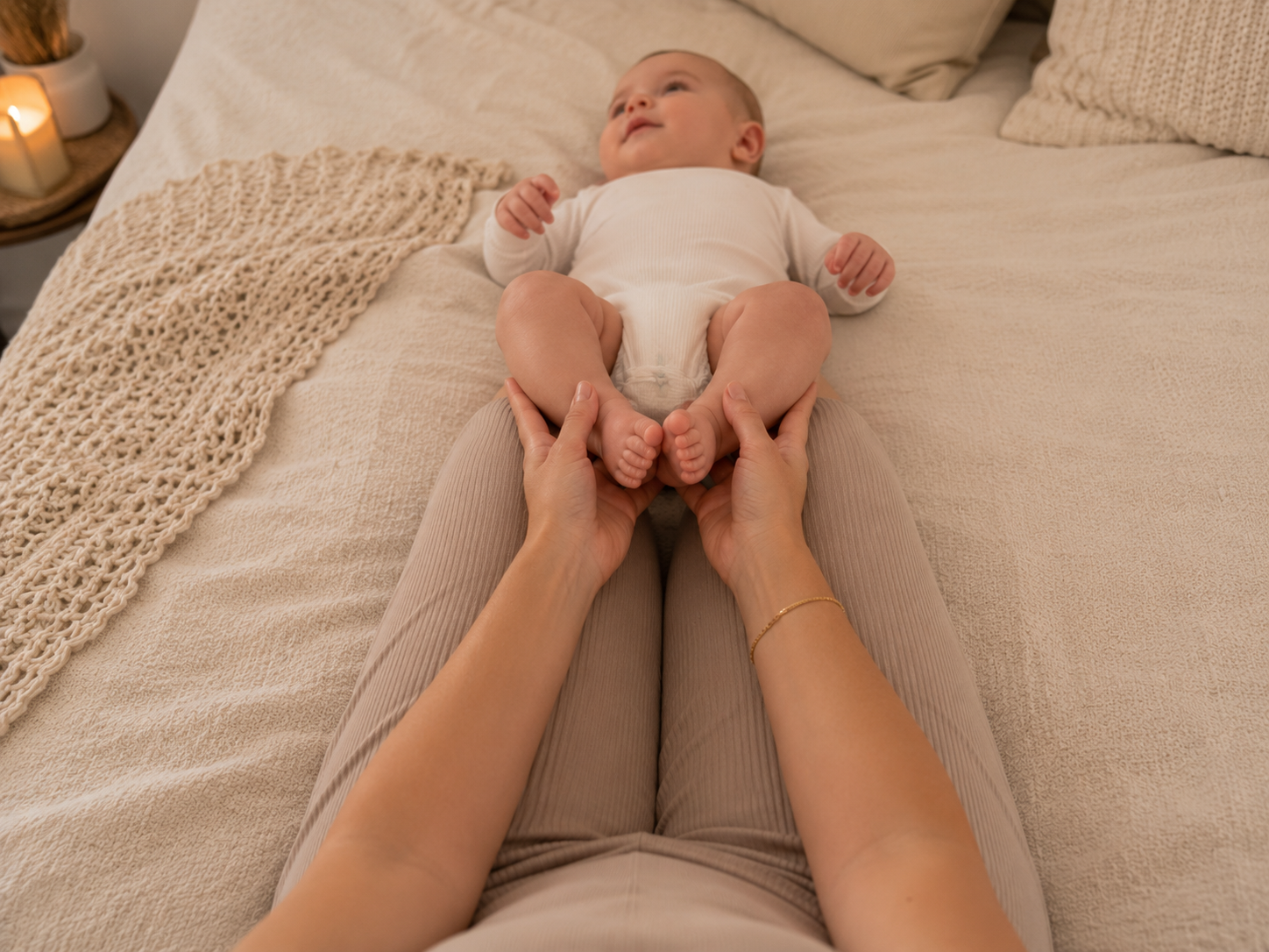 Ouder en baby bewegen samen tijdens een speelse baby-yoga-oefening
