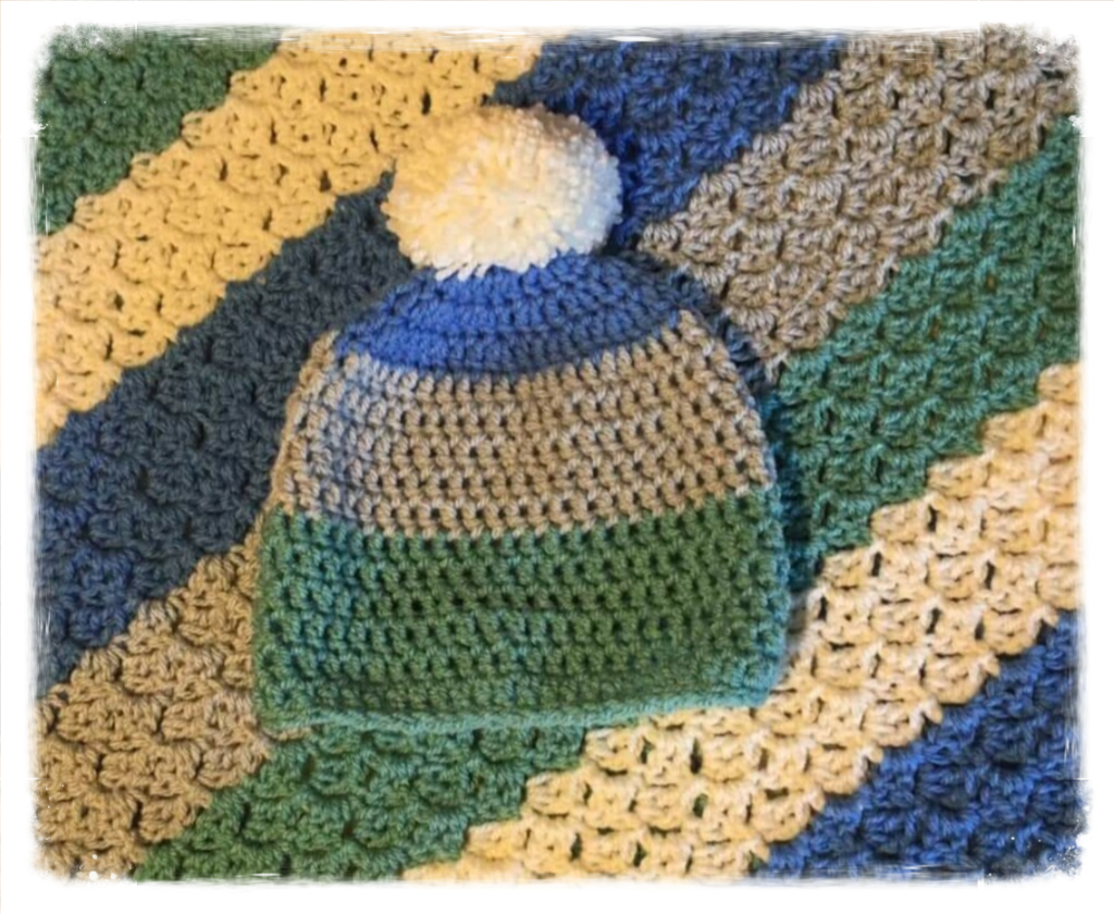 Corner to Corner stripy blanket with matching hat