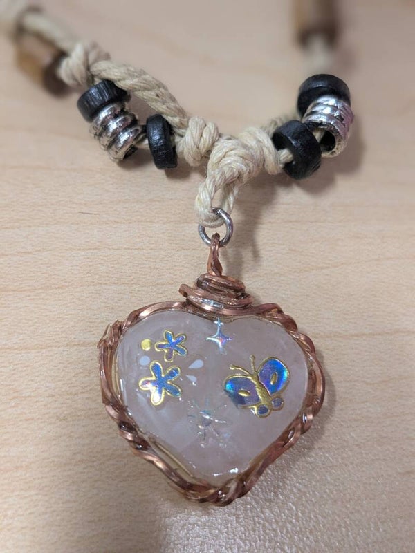 Reiki Charged Rose Quartz Heart Butterfly Necklace