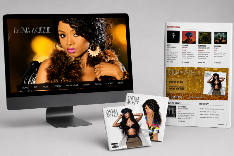 Webdesign, Musikbranding und Printmaterialien für Künstlerin Chioma Akuezue