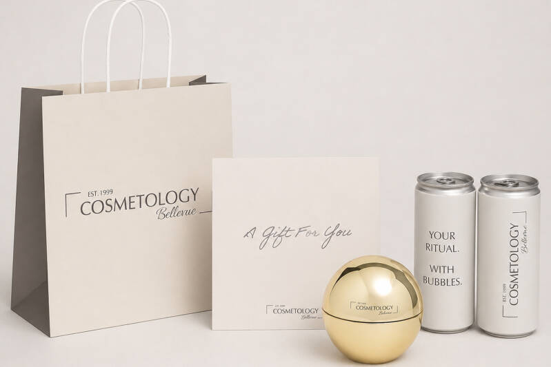 Papiertragetasche, Flyer, Lipgloss Give-away, gebrandete Getränkedosen für COSMETOLOGY Bellevue