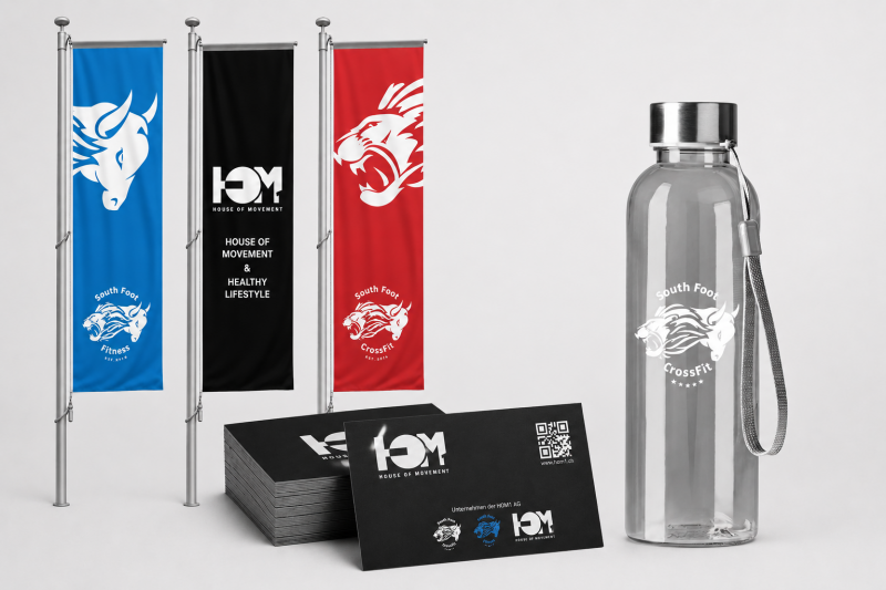 Werbemittel und Branding für HOM1 AG mit Fahnen, Trinkflasche und Geschäftsausstattung