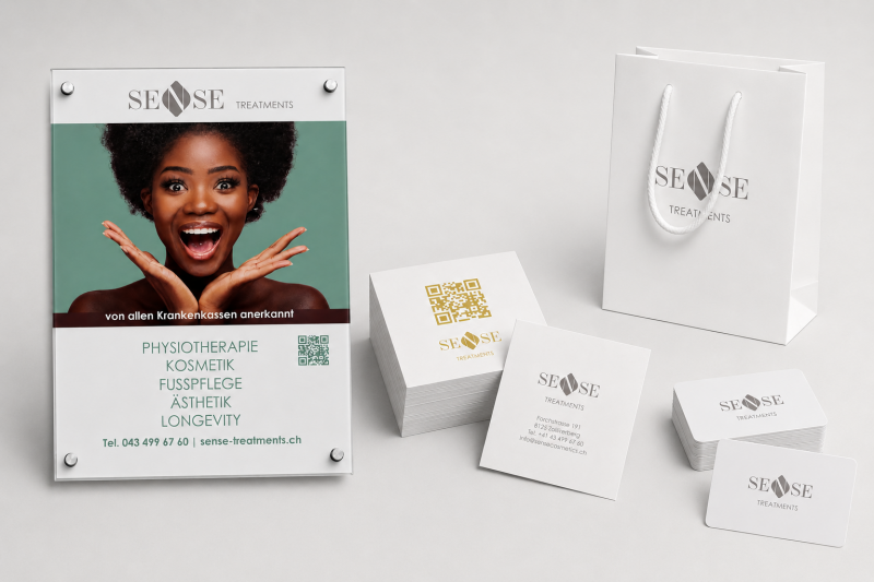 Printdesign und Geschäftsausstattung für SENSE Cosmetics mit Schild, Verpackungen und Flyern