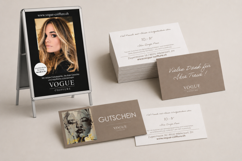 Beispiel für Kundenstopper, Gutscheine, Visitenkarten für VOGUE Coiffure