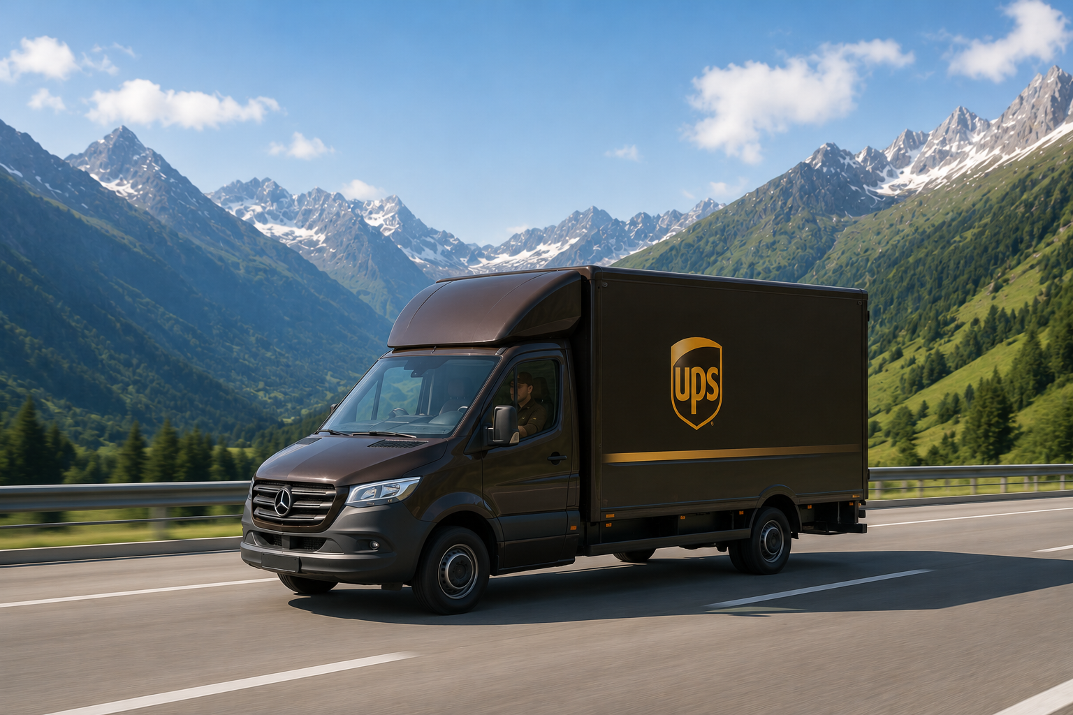 UPS Fahrzeug mit Schweizer Bergen imHintergrund als Symbolbild für Lieferungen mit DHL oder UPS aus Deutschland in die Schweiz