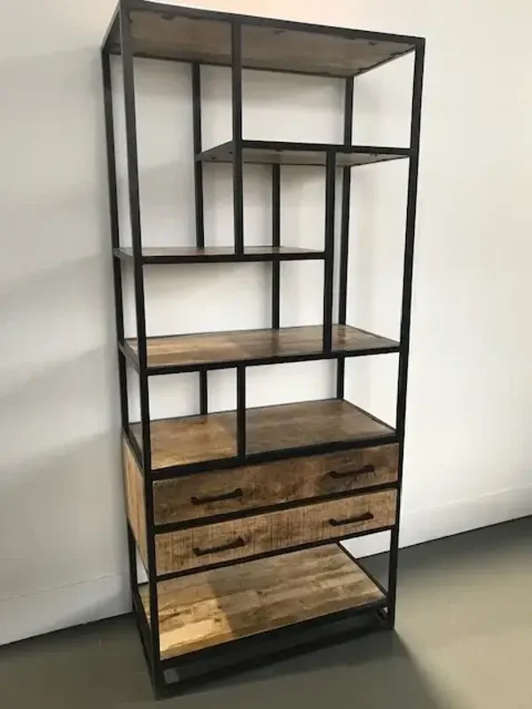 Industriële wandkast in mangohout - 2 schuiven