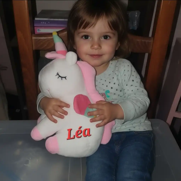 peluche licorne orange ou blanc personnalisée avec le prénom de votre l'enfant