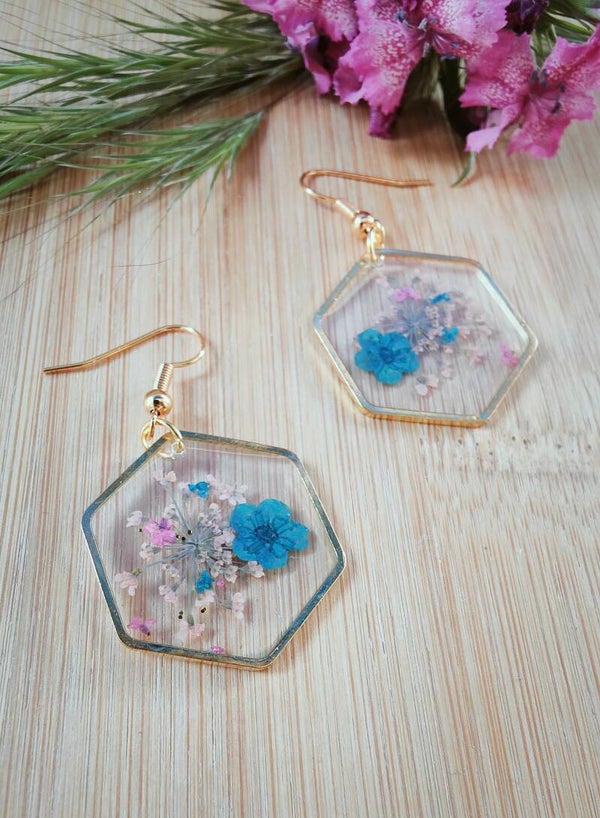 ⁕ Boucles d'oreilles hexagone - Acier inoxydable - Bleu et rose ⁕