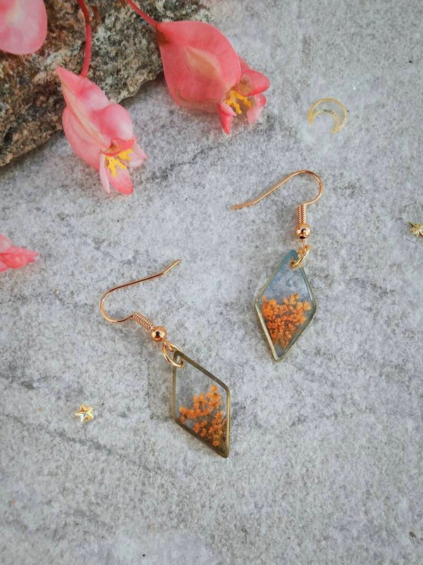 ⁕ Boucles d'oreilles Losange - Acier inoxydable - Fleurs oranges