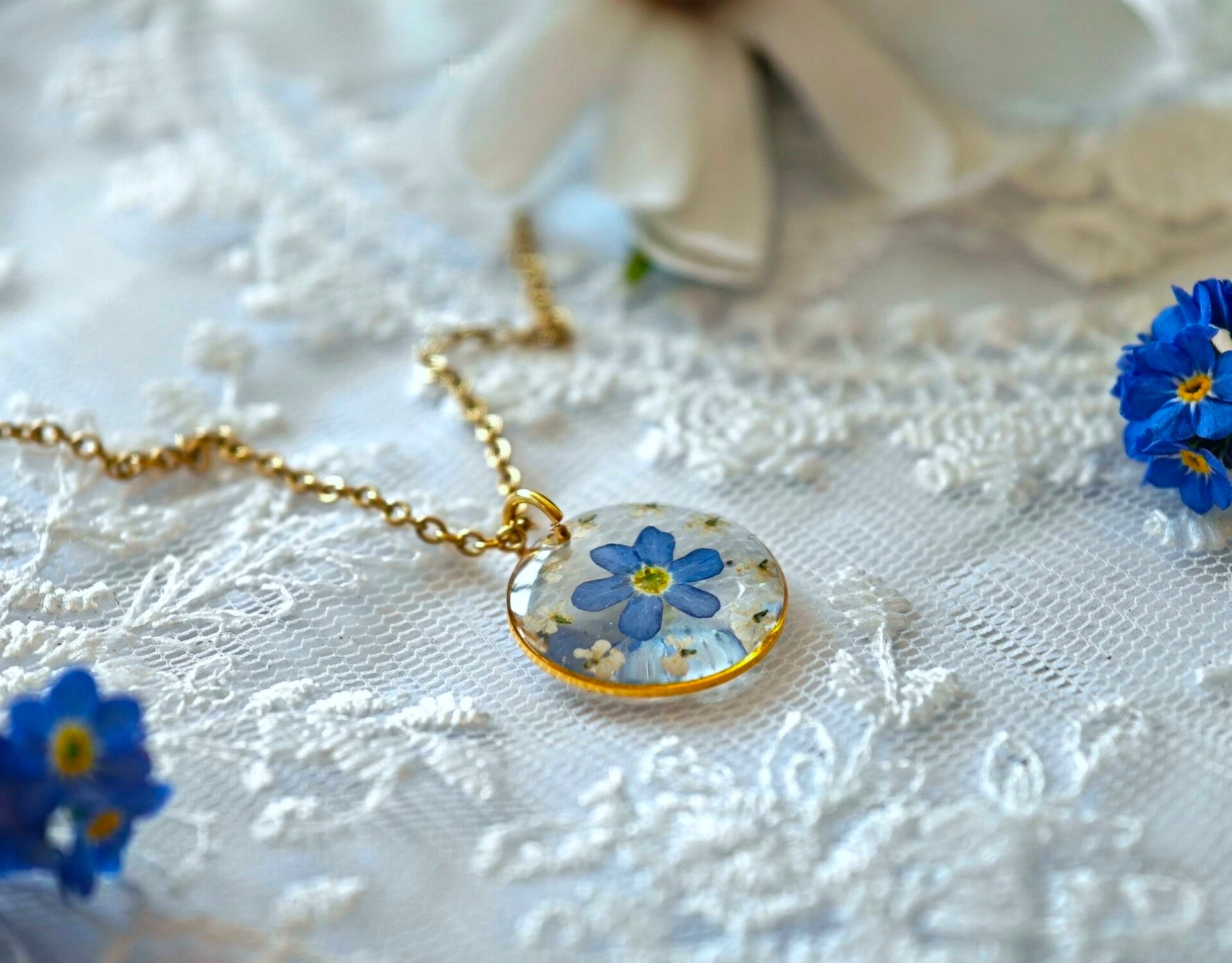 ❧ Collier Myosotis / reine d'Anne - Acier inoxydable Argent - Rond