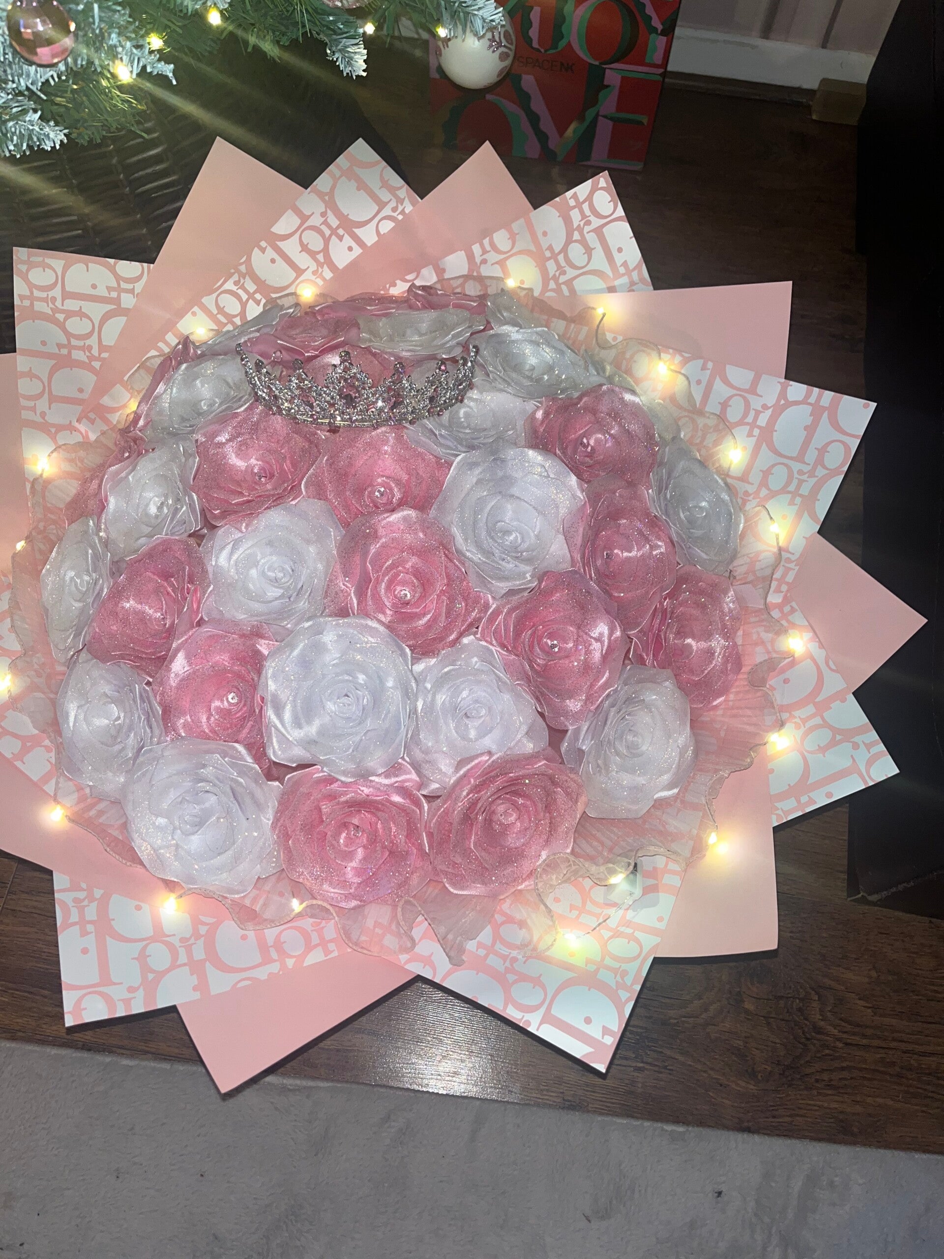 34 count pink and white glitter bouquet