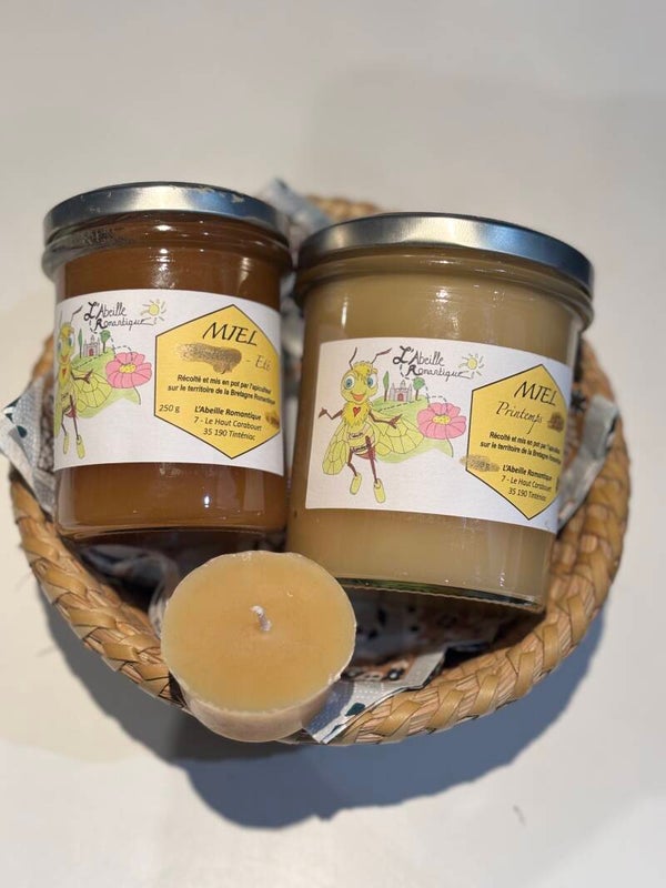 Coffret 2 pots de miel : 1 pot de 250 g (miel de printemps ou d'été) et 1 pot de 400 g (miel de printemps ou d'été)  & 1 bougie chauffe-plat