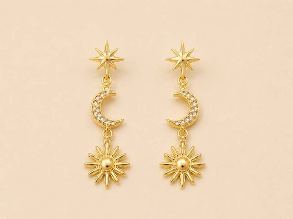 Boucles d'oreilles pendantes lune strassée et soleil Doré