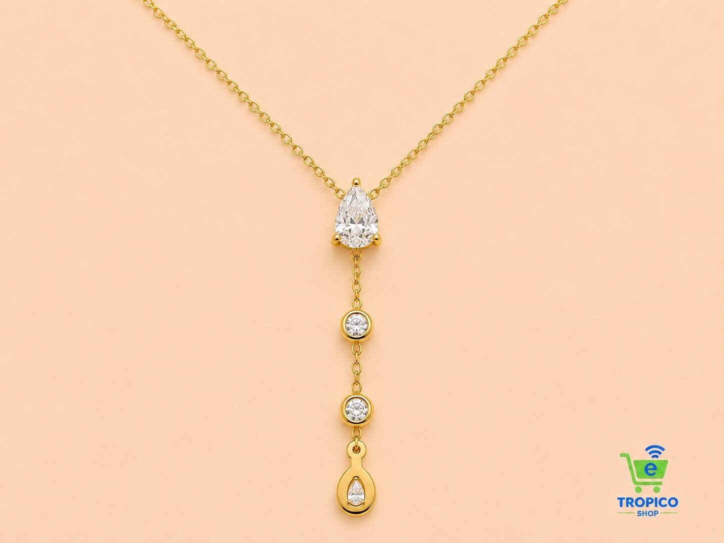 Collier chaîne fine en Y pendant strass en goutte et ronde Doré