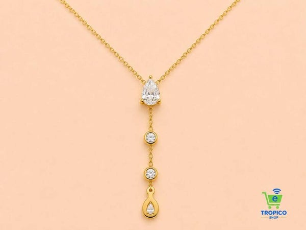 Collier chaîne fine en Y pendant strass en goutte et ronde Doré
