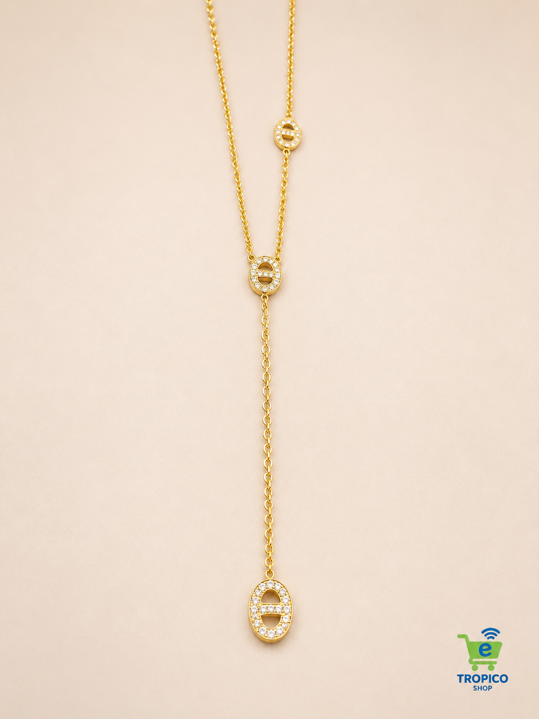 Collier en Y à 3 médaillons strassés Doré
