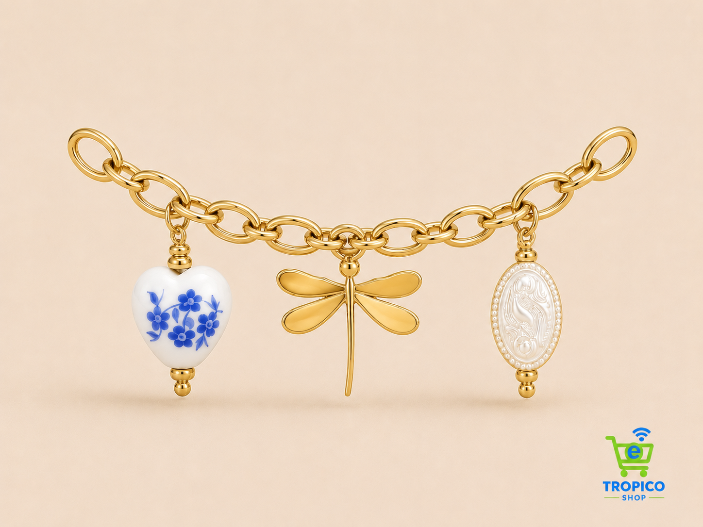 Bracelet doré libellule, fleurs et cœur porcelaine