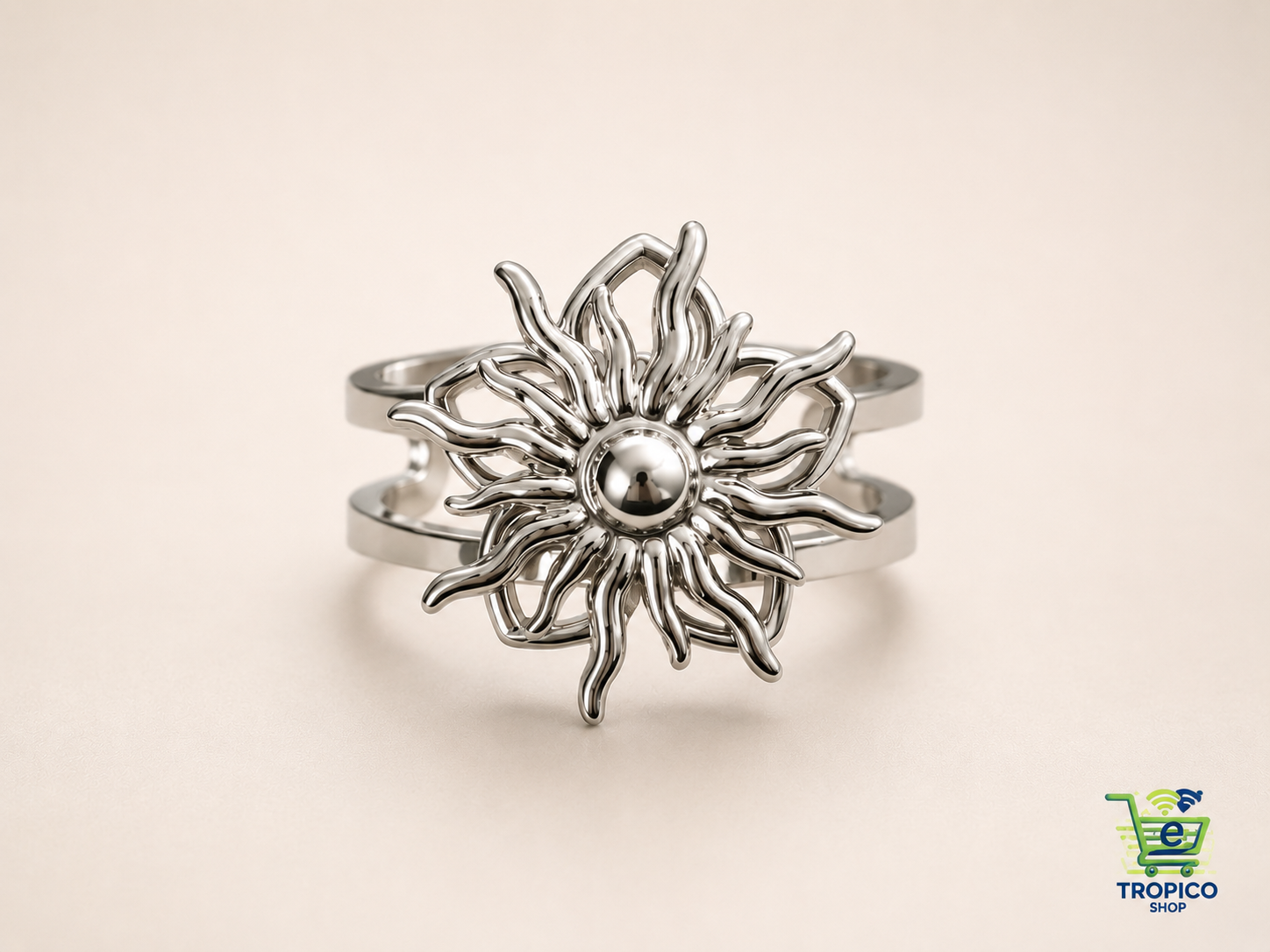 Bague anti stress ajustable soleil rotatif Argenté