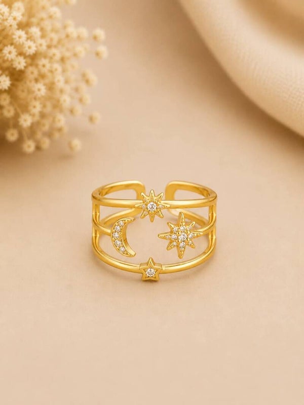 Bague ajustable lune et étoiles serties de strass Doré
