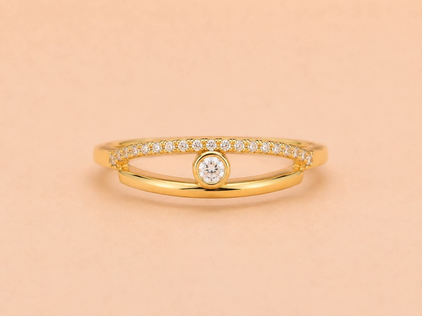 Bague ouverte strass central et double anneau Doré