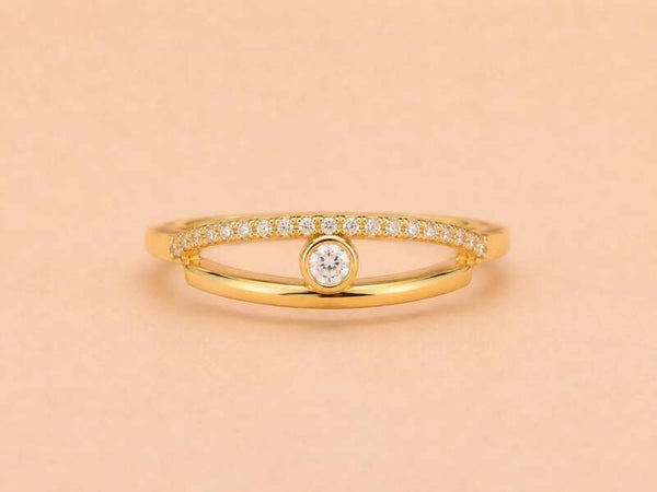 Bague ouverte strass central et double anneau Doré