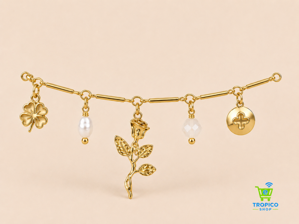 Bracelet doré à charms blanc et perles