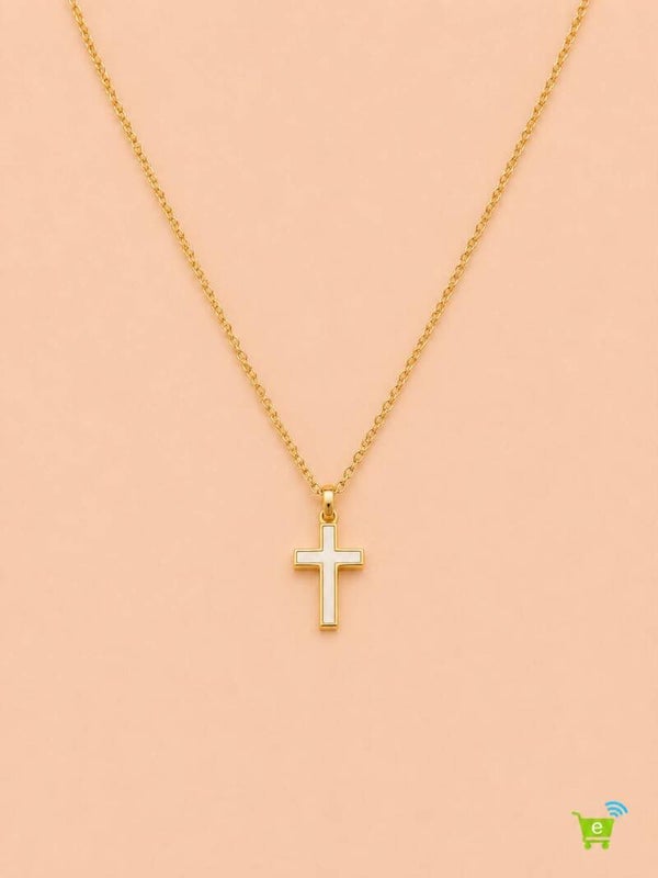 Collier fin pendant croix nacrée Doré
