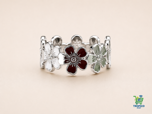 Bague ajustable fleurs Sakura entrelacées argenté