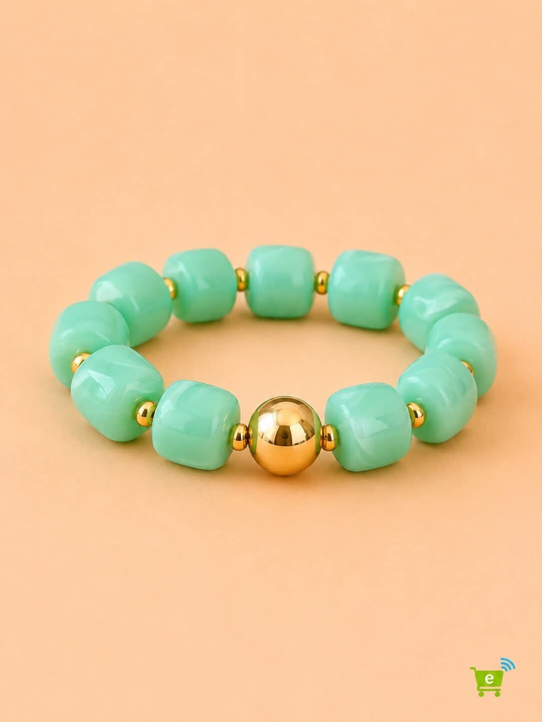 Bracelet élastique perles carrées et bille dorée Vert