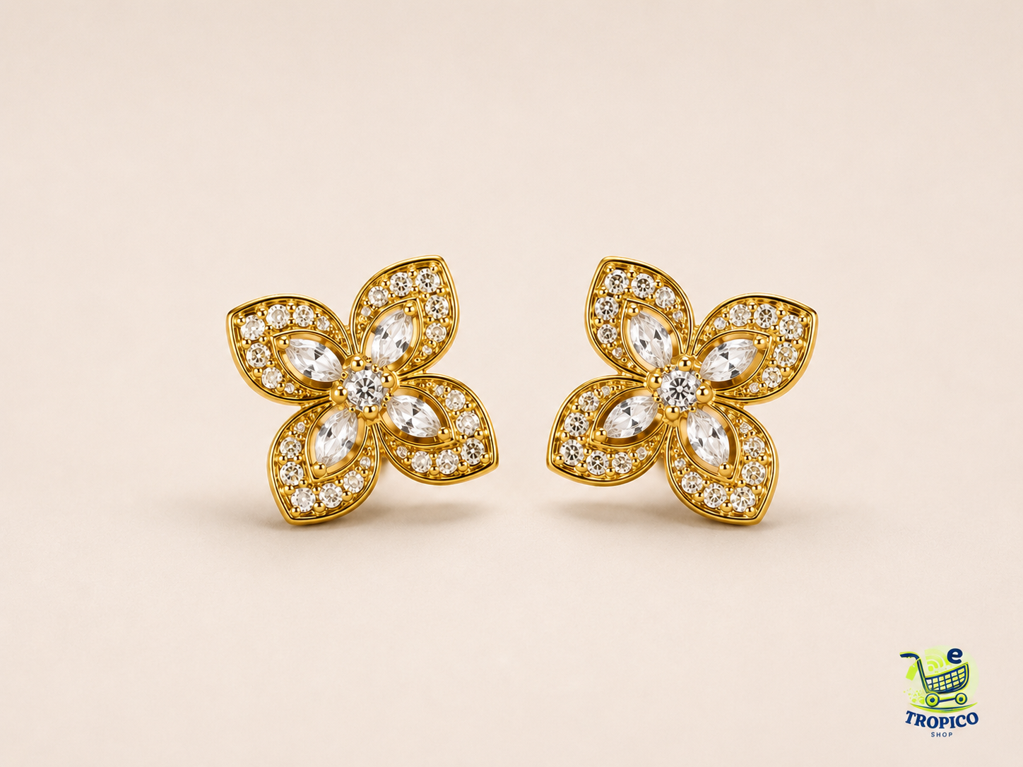 Clous d'oreilles fleurs à quatre pétales en strass Doré