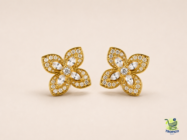 Clous d'oreilles fleurs à quatre pétales en strass Doré
