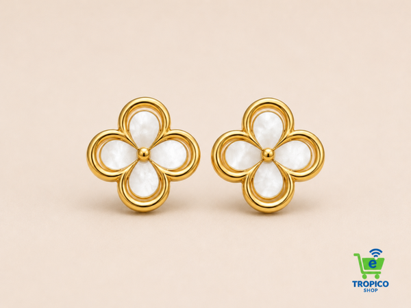 Clous d’oreilles fleur nacrée contour ajouré Doré