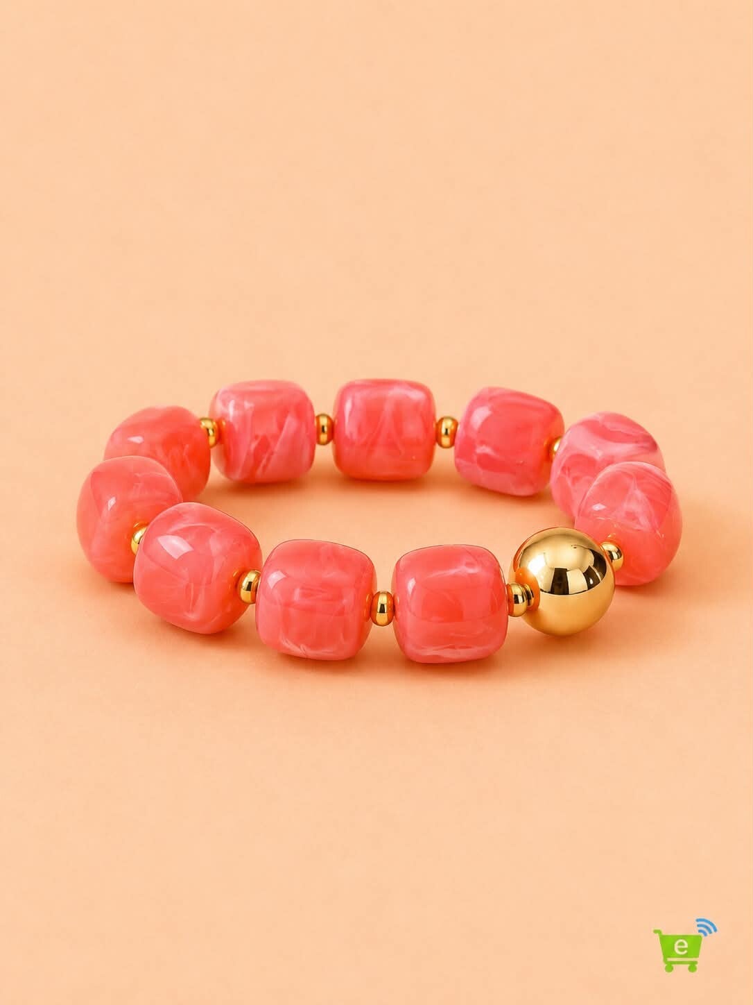 Bracelet élastique perles carrées et bille dorée Rouge