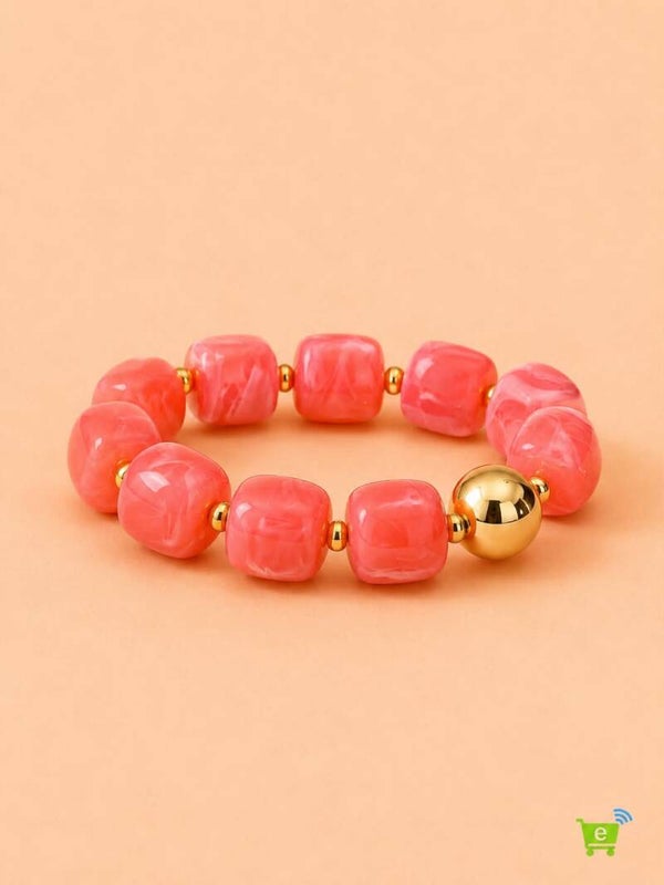 Bracelet élastique perles carrées et bille dorée Rouge