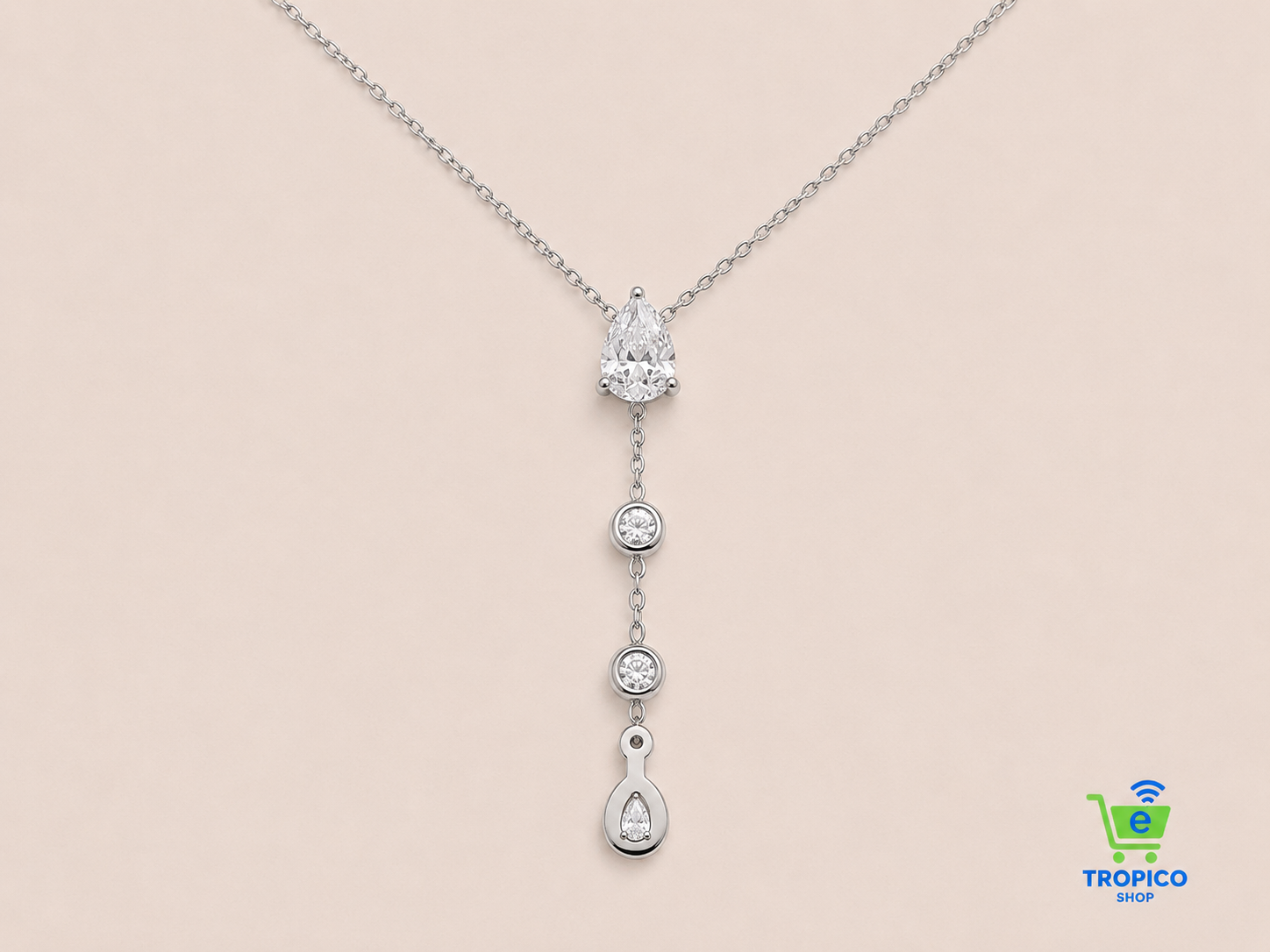Collier chaîne fine en Y pendant strass en goutte et ronde Agenté
