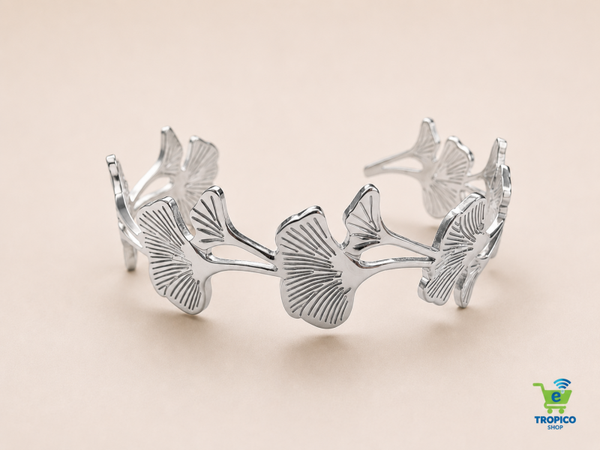 Bracelet manchette à feuilles de ginkgo sculptées Argenté
