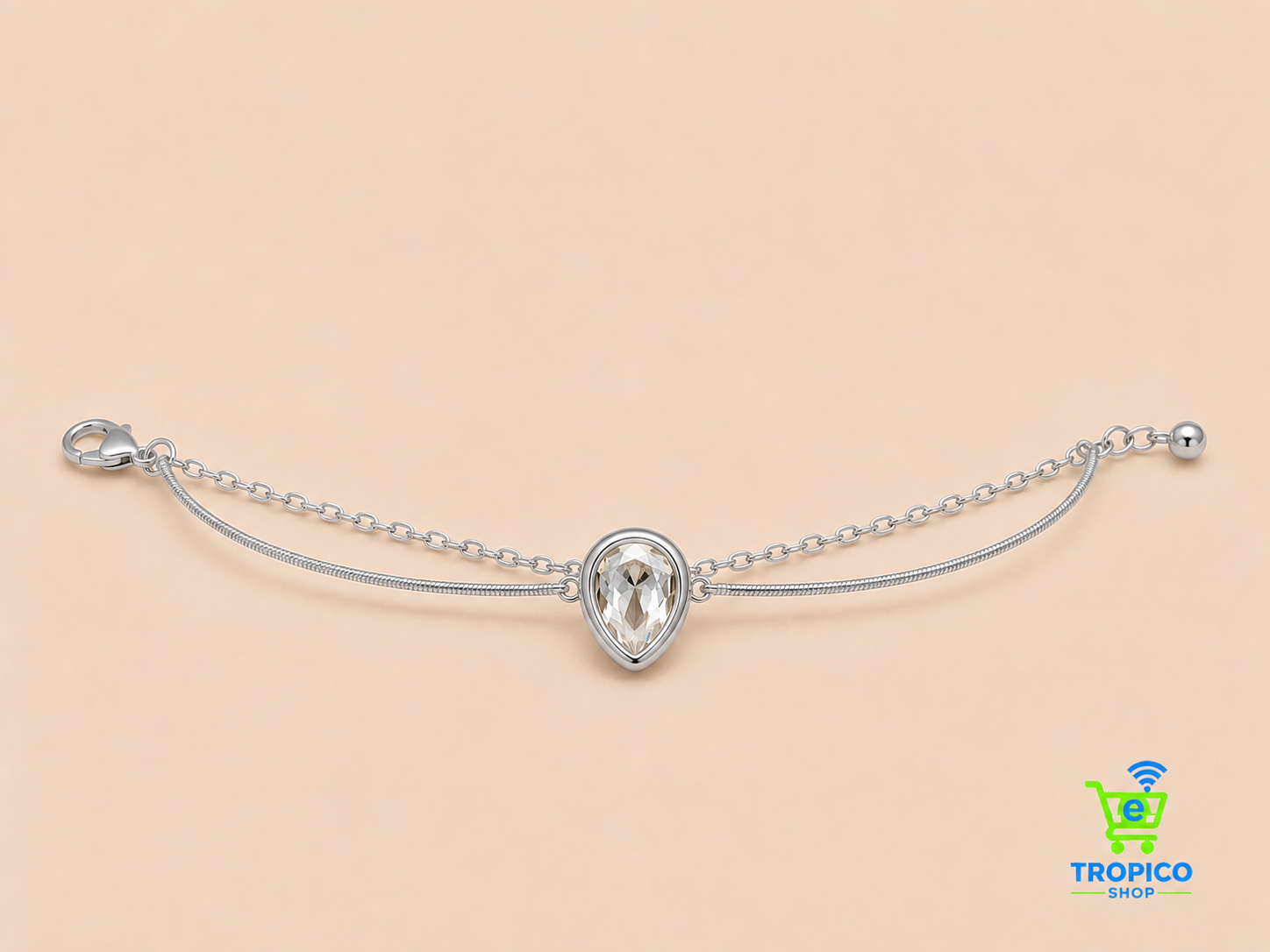 Bracelet double chaîne avec strass goutte Argenté