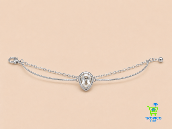 Bracelet double chaîne avec strass goutte Argenté
