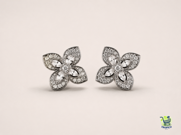 Clous d'oreilles fleurs à quatre pétales en strass Argenté