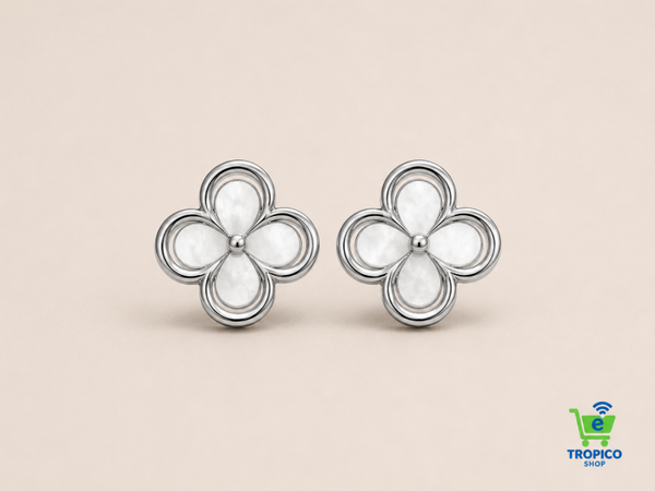Clous d’oreilles fleur nacrée contour ajouré Argenté