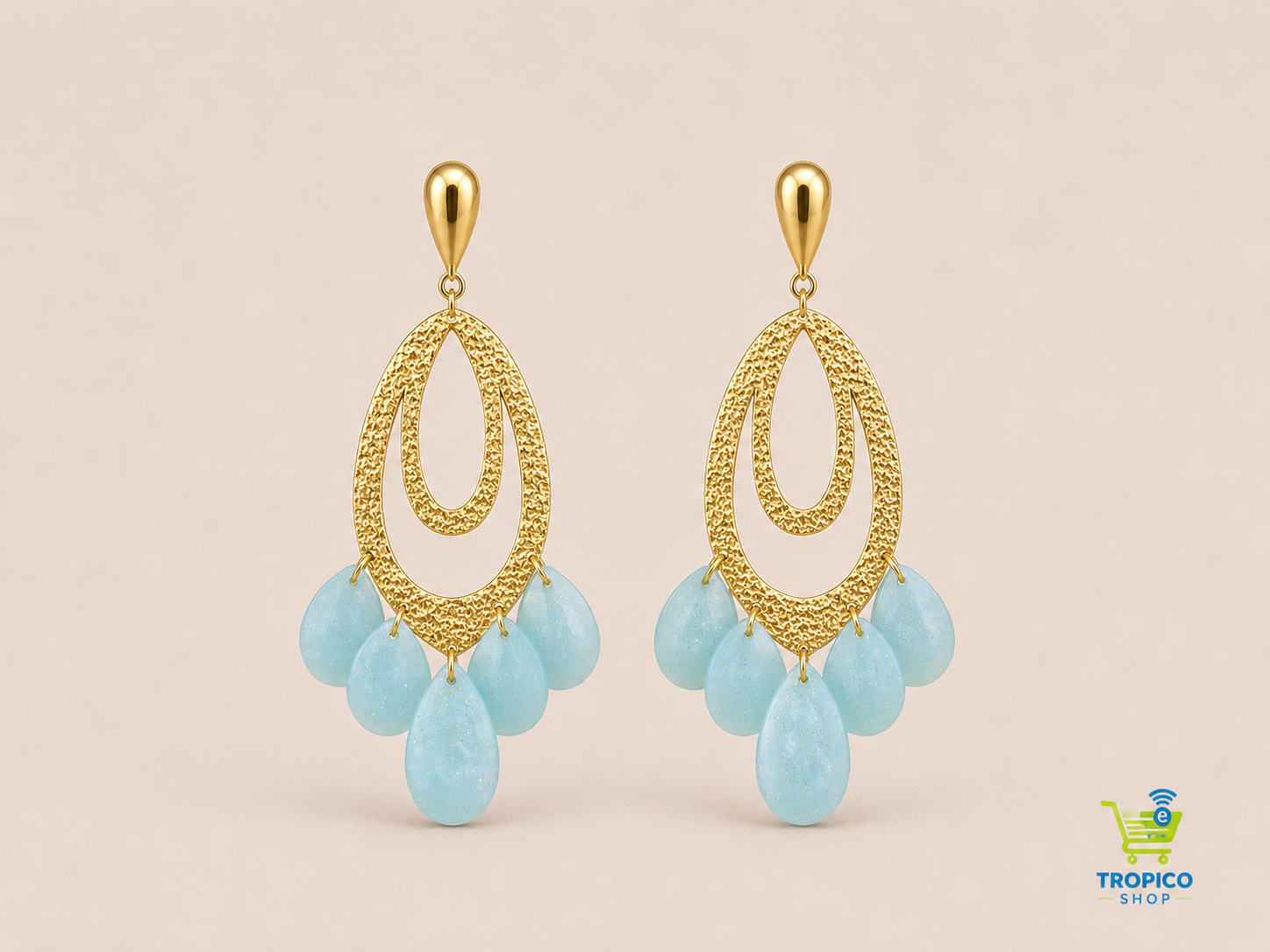 Boucles d’oreilles dorées goutte texturée et pétales Bleus