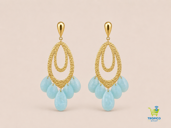 Boucles d’oreilles dorées goutte texturée et pétales Bleus