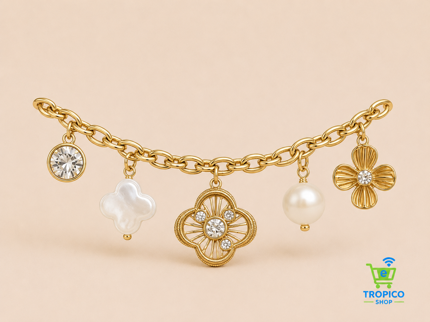 Bracelet doré à charms trèfles et strass rond Blanc