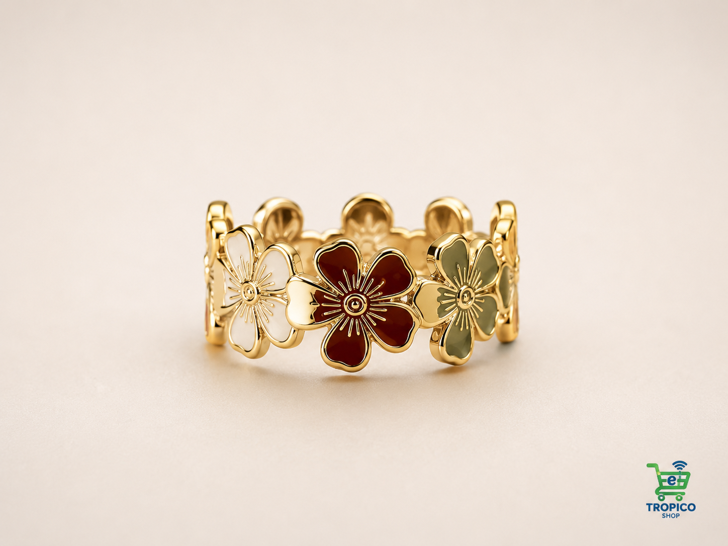 Bague ajustable fleurs Sakura entrelacées Doré